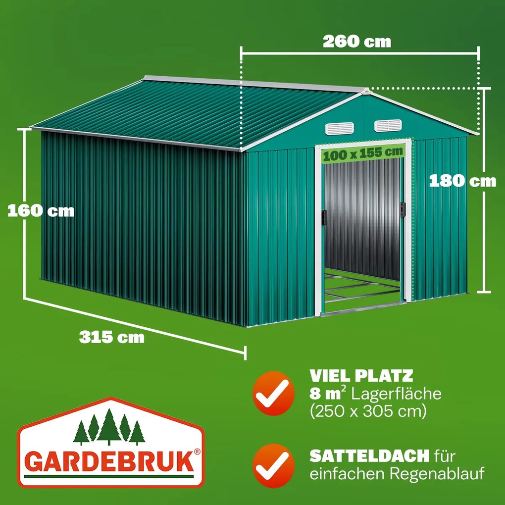 Abrigo de jardim em metal 312x257x177,5cm verde