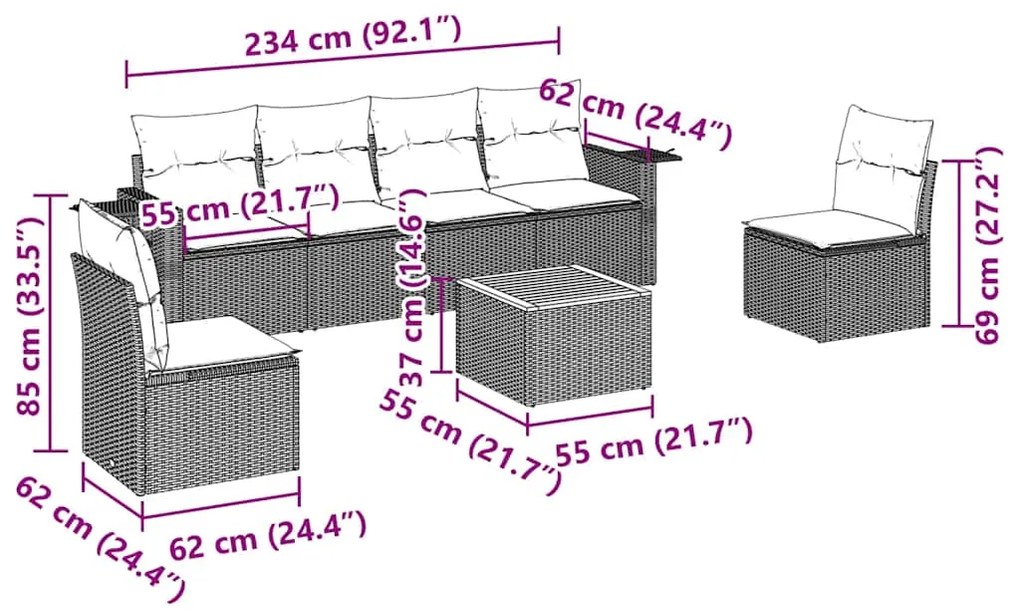7 pcs conjunto de sofás p/ jardim c/ almofadões vime PE preto