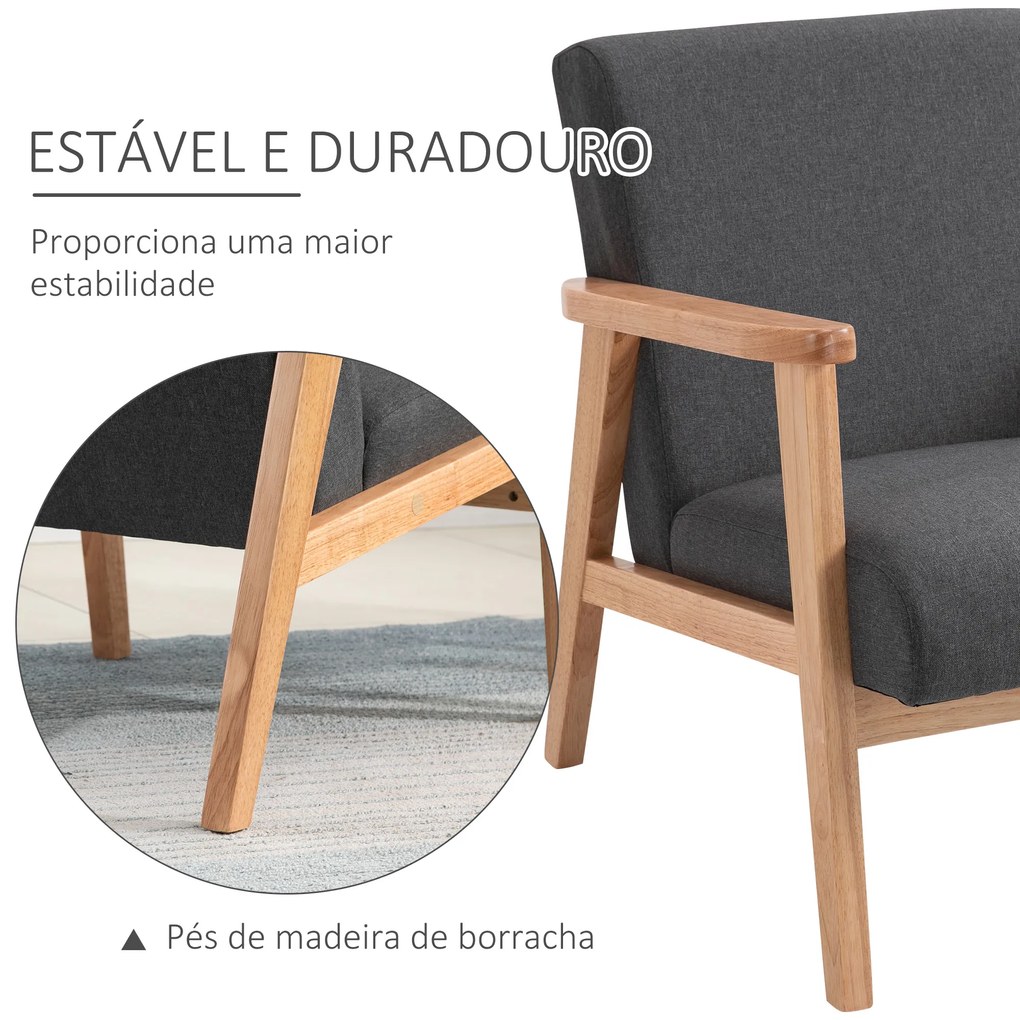 Poltrona de Dormitório Moderna Poltrona de Sala de Estar Estofada em Linho Sintético 68,5x78,5x75 cm Cinza e Madeira
