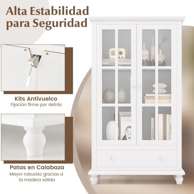 Estante arrumação com portas de vidro temperado e estante ajustável para escritório e sala de estar 80 x 40 x 139 cm Branco