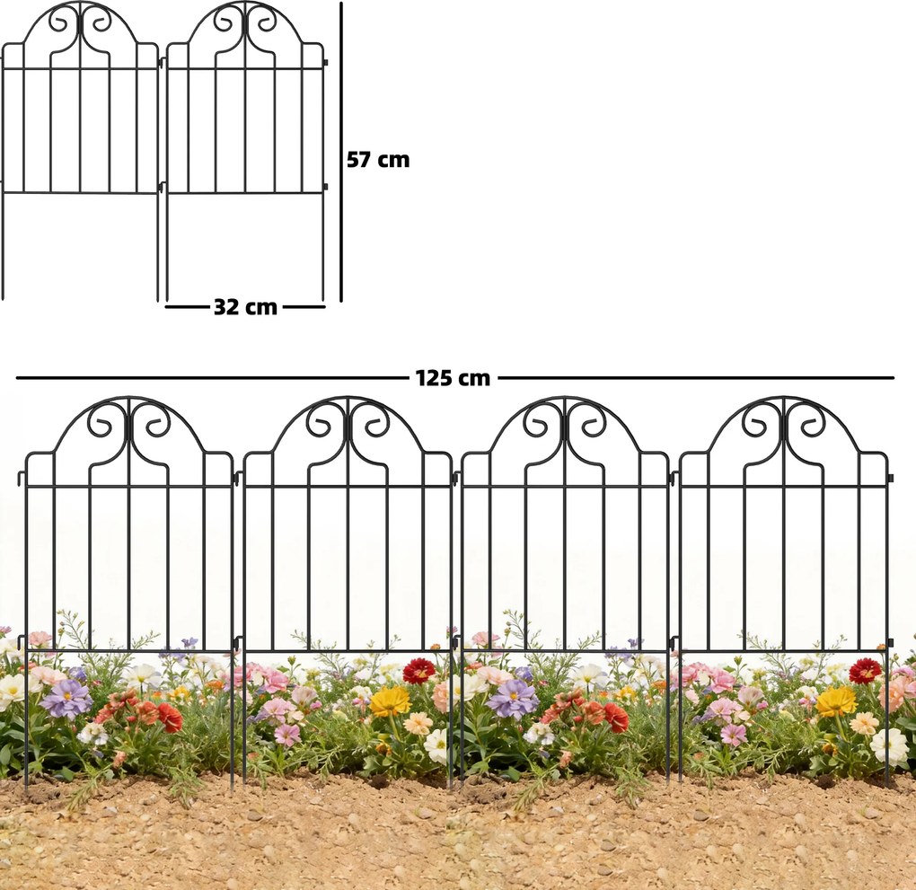 Conjunto de 4 Cercas de Jardim Metálicas 125x57 cm com Design Arqueado Resistente e Fácil de Instalar para Pátio Relva Preto