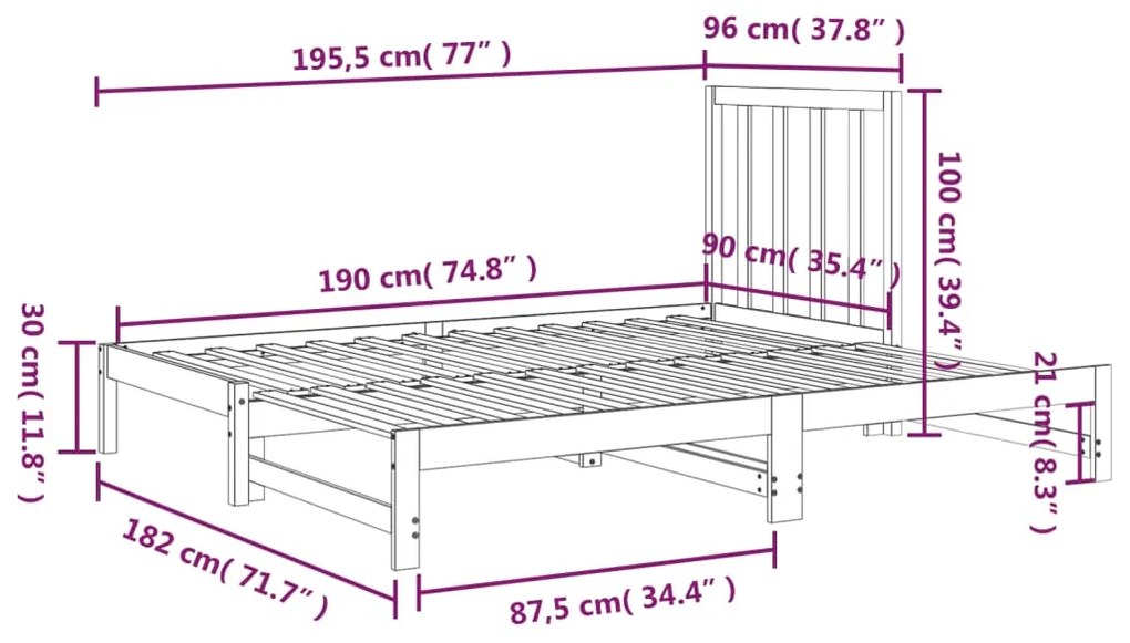 Estrutura sofá-cama de puxar 2x(90x190) cm pinho maciço cinza