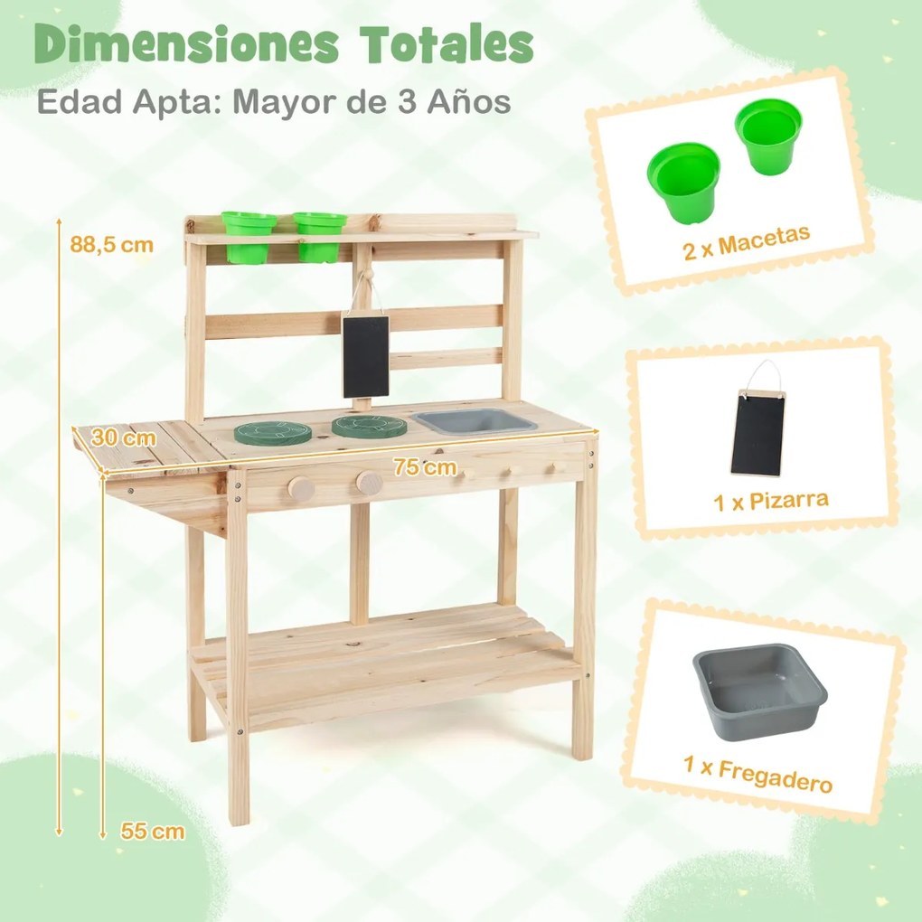 Cozinha brincar de madeira 75 x 30 x 88,5 cm com fogões, puxadores giratórios, quadro de giz, vasos, estantes e espaço de arrumação 3+ Anos Natural