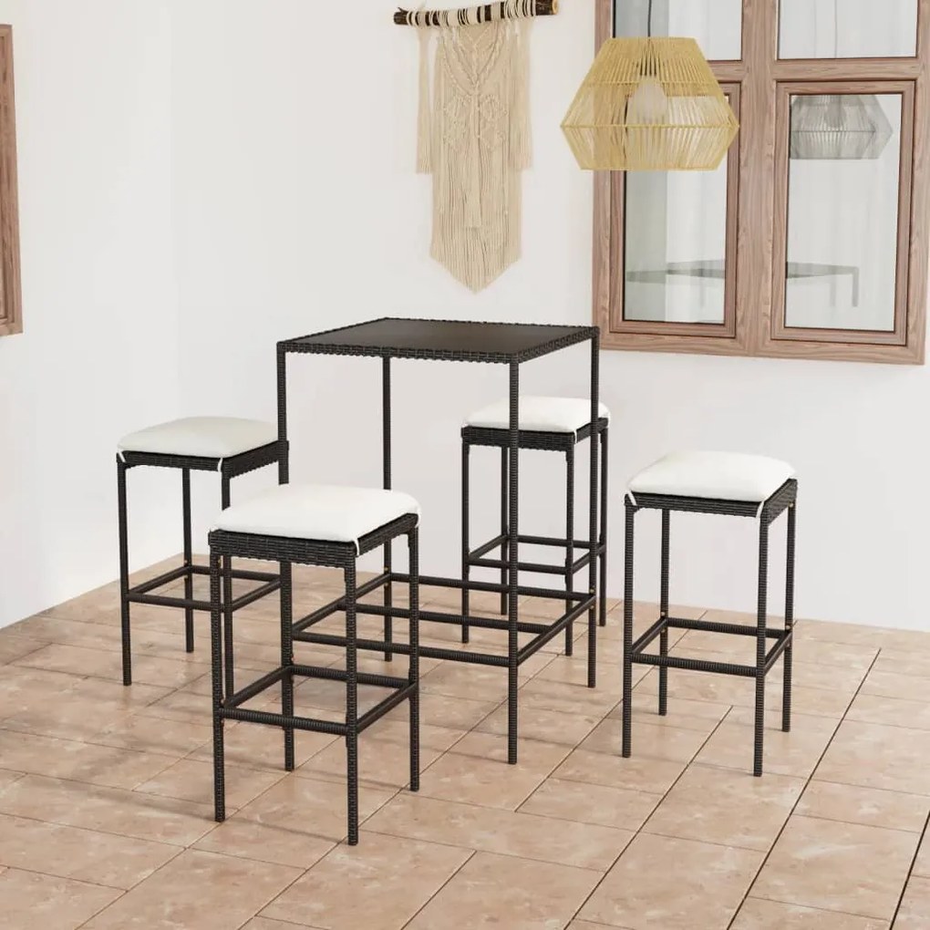 vidaXL 5 pcs conjunto de bar p/ jardim c/ almofadões vime PE preto