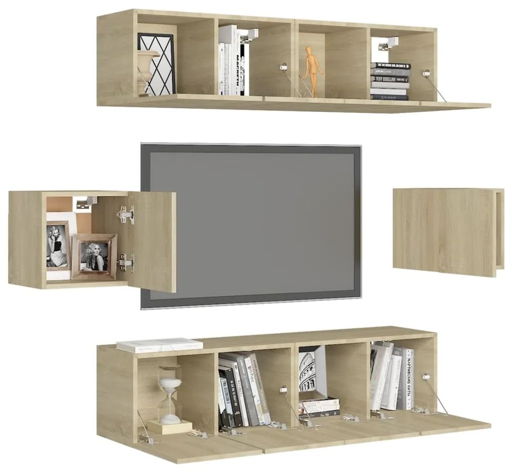 6 pcs conjunto móveis de TV derivados madeira carvalho sonoma