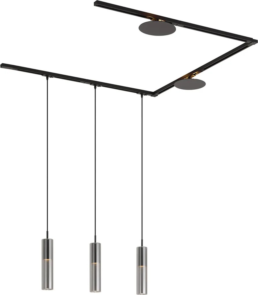 Sistema de calhas de iluminação moderno preto com 3 candeeiros suspensos e 2 candeeiros de teto monofásicos - Iconic Lloyd Pulley