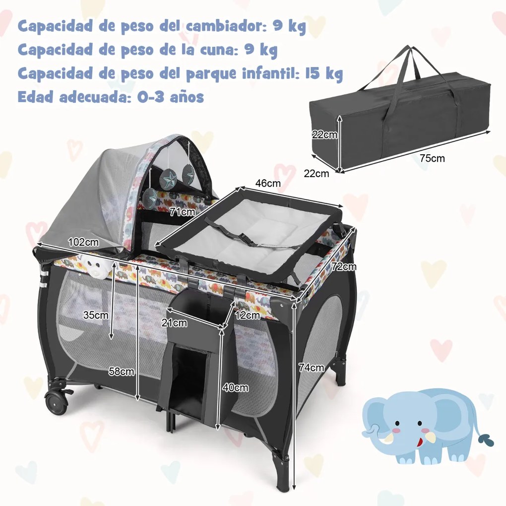 Berço 5 em 1, centro portátil para bebé com trocador de fraldas, com música 102 x 72 x 74 cm Multicolorido