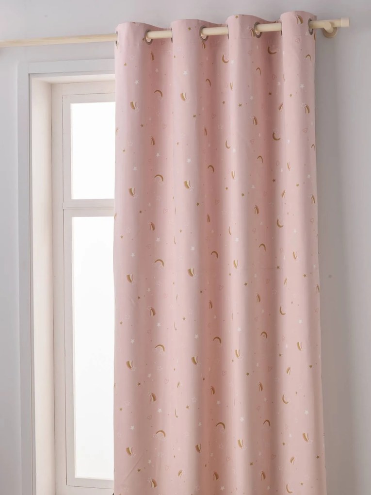 Cortinado opaco, com ilhós, fosforescente e estampado com arco-íris rosa claro liso com motivo