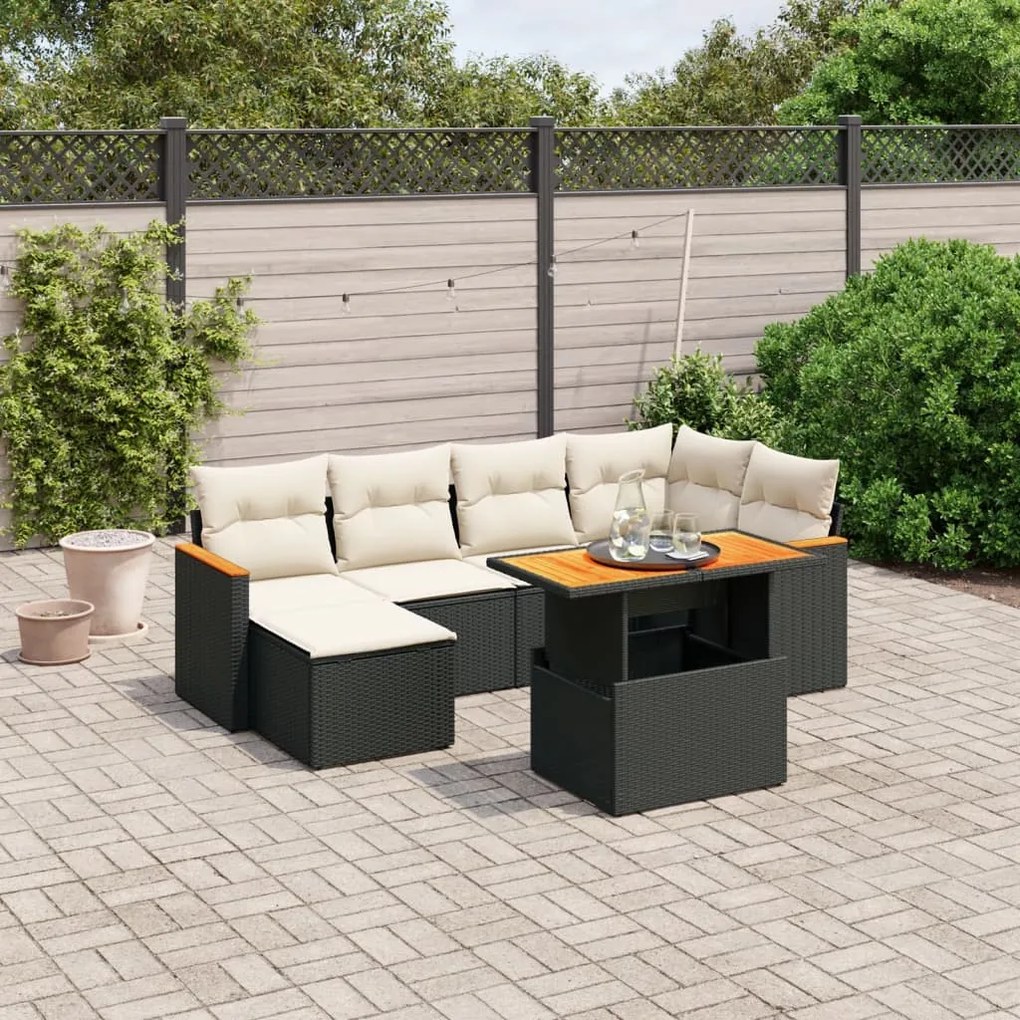 7 pcs conjunto de sofás p/ jardim c/ almofadões vime PE preto