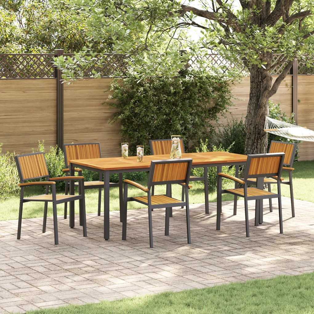 vidaXL Cadeiras de Jardim Empilháveis 6 pcs Aço Preto e Madeira Sólida de Acácia