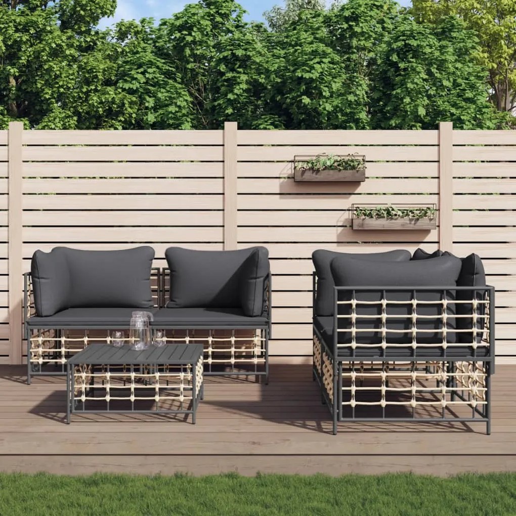 vidaXL 5 pcs conjunto lounge de jardim c/ almofadões vime PE antracite