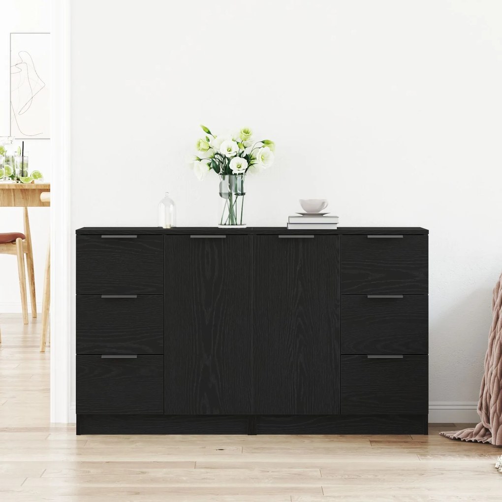 Buffets 2 pcs Madeira de Carvalho Preto 60x30x70 cm Madeira engenheira