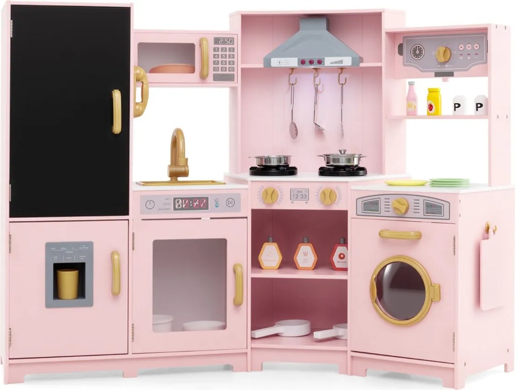 Cozinha de brinquedo de madeira com luzes e sons com quadro negro e acessórios de cozinha para crianças 131 x 47 x 92 cm rosa
