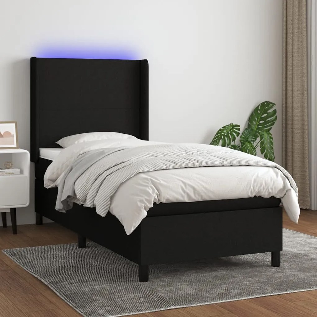 Cama box spring c/ colchão e LED 90x200 cm tecido preto