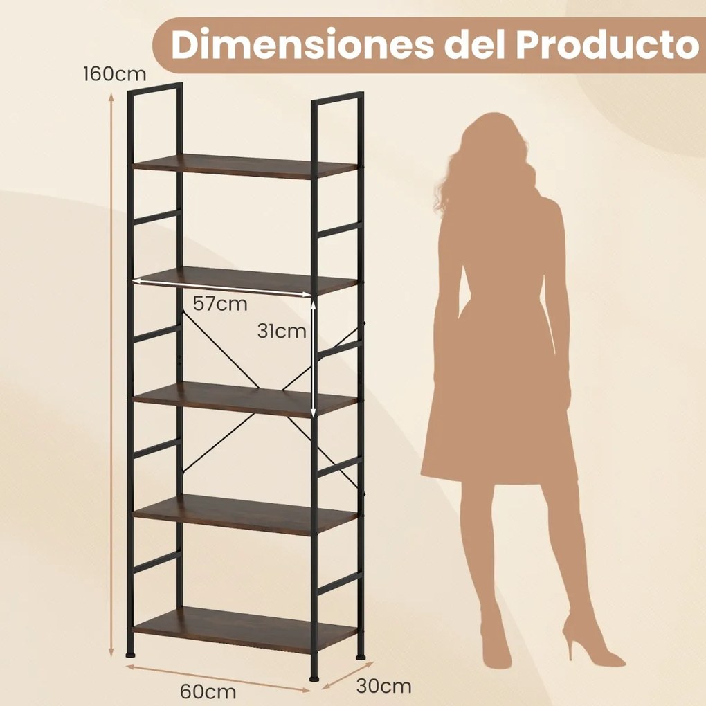 Estante de 5 níveis 60 x 30 x 160 cm, prateleiras industriais e estrutura metálica Castanho rústico + Preto