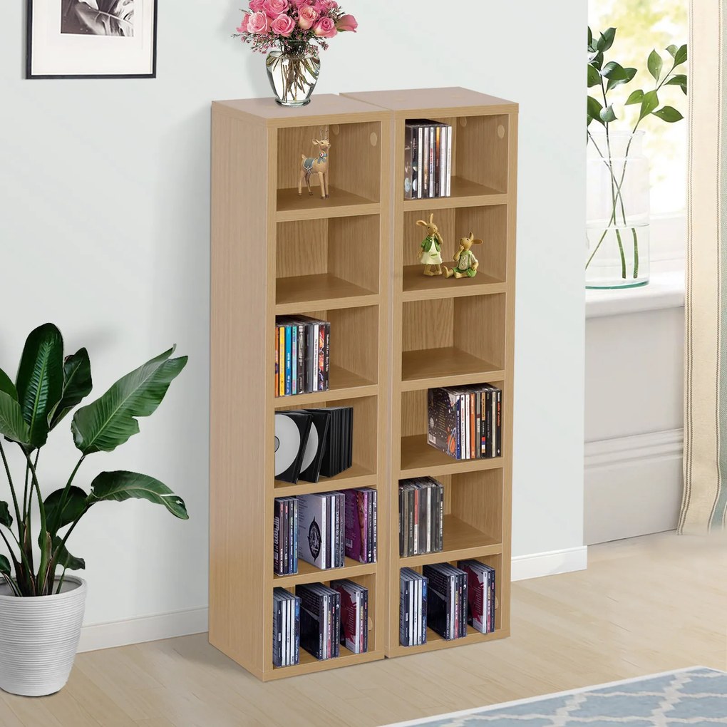 Conjunto de 2 estantes verticais para arrumação de CDs e DVD 21 x 19 x 88 cms, com 6 + 6 compartimentos, capacidade máxima: 160 CDs, cor: faia