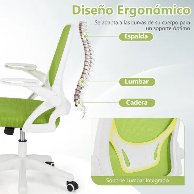 Cadeira de escritório ergonómica com apoio lombar integrado, apoios de braços rebatíveis, rodas universais, altura ajustável, Verde