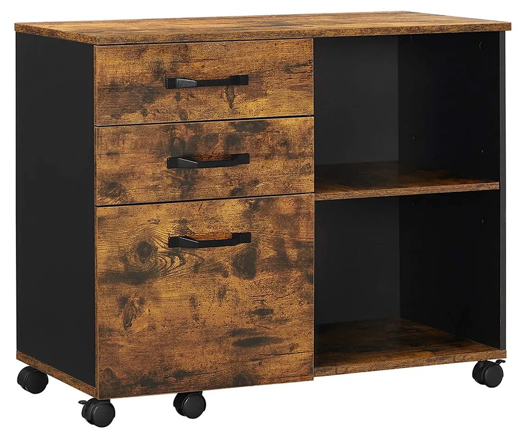 Arquivo móvel lateral com 3 gavetas e compartimentos abertos.