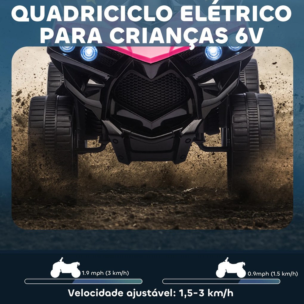 Moto 4 elétrica para Crianças 6 V Quadriciclo para Crianças com Velocidade até 3 km/h Faróis e Música 70x42x45 cm Rosa