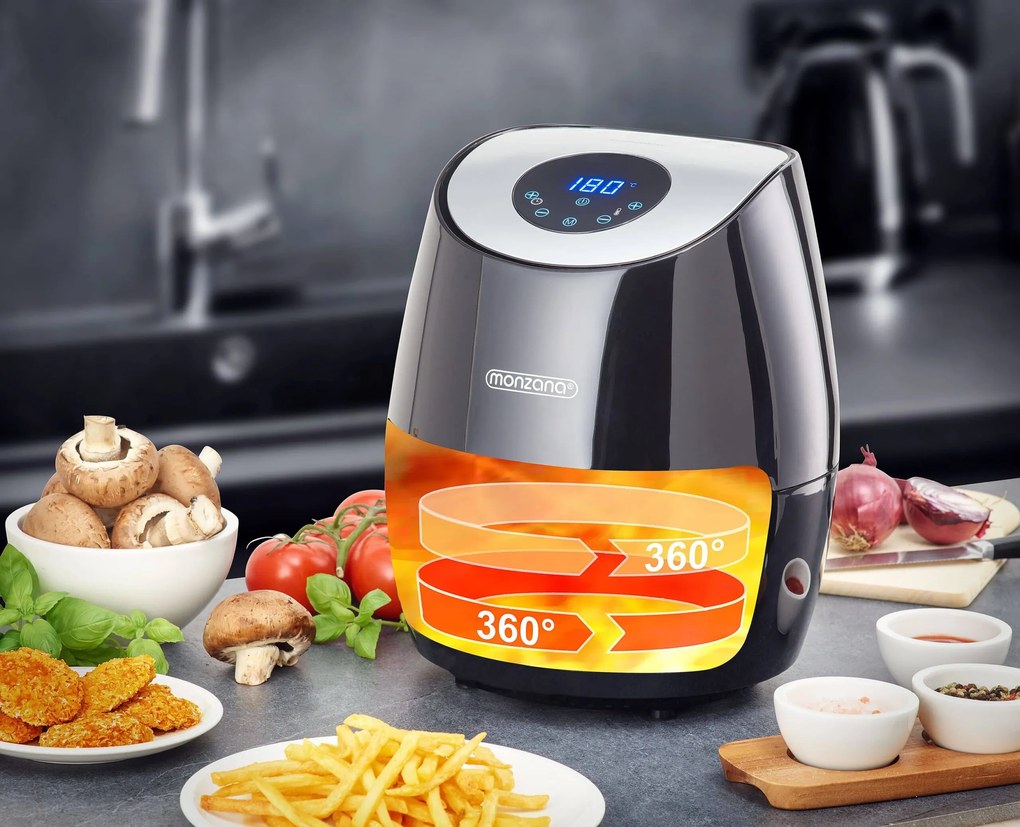 Fritadeira de ar quente 9 em 1 com ecrã tátil e 1500 W, 23 x 26,5 x 32 cm Preto + Prateado