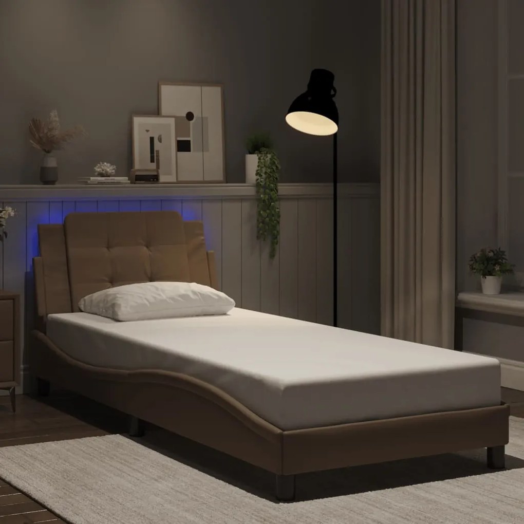 Estrutura cama c/ luzes LED 100x200 cm couro artif. cappuccino