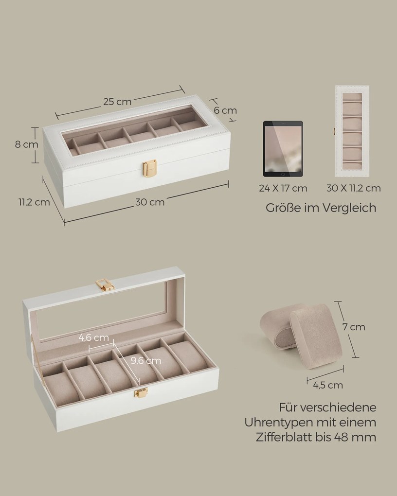 Caixa para relógios com 6 compartimentos 11,2 x 30 x 8 cm, fecho metálico, ideia para presente, branco