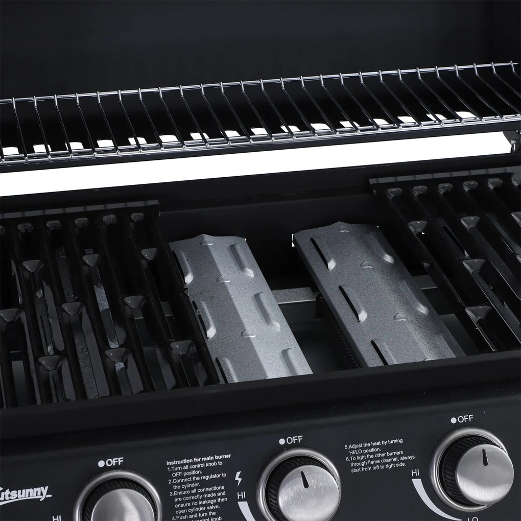 Outsunny Barbecue a Gás com 4+1 Queimadores 14,4KW Mesas Laterais Armário de Armazenamento Termômetro e 2 Rodas Aço Inoxidável 125x51x100cm Preto