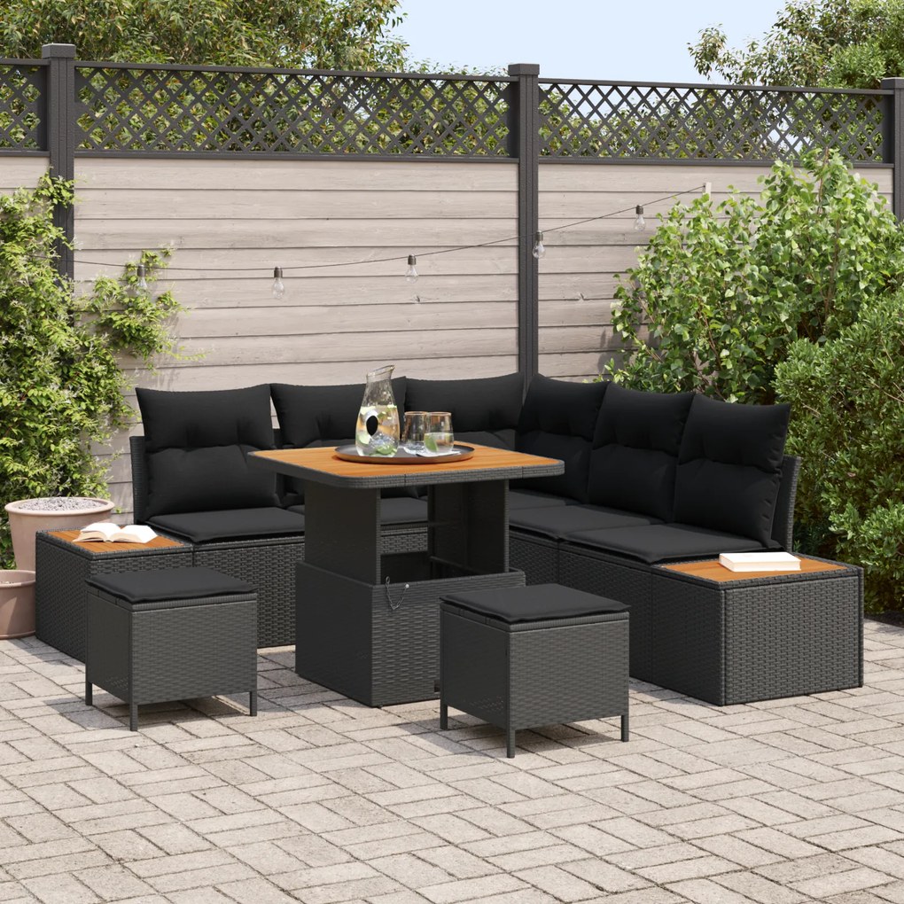 Conjunto de Sofá de Jardim vidaXL com Almofadas Vime Poli Preto Acácia