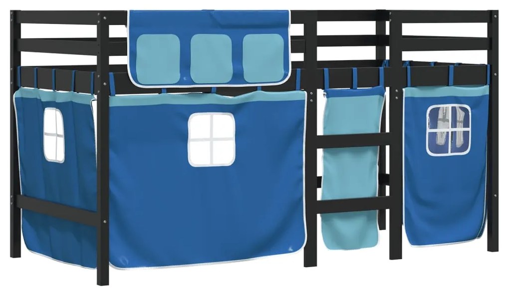 Cama alta p/ criança c/ cortinas 90x190 cm pinho maciço azul