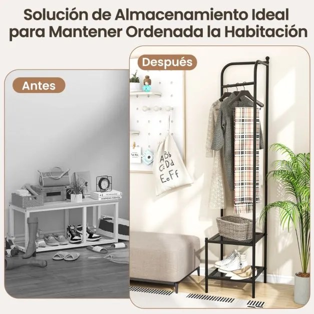 Guarda Roupa de canto 2 em 1 para roupa com gancho superior e 2 prateleiras Economia de espaço 42,5 x 42,5 x 193,5 cm Preto