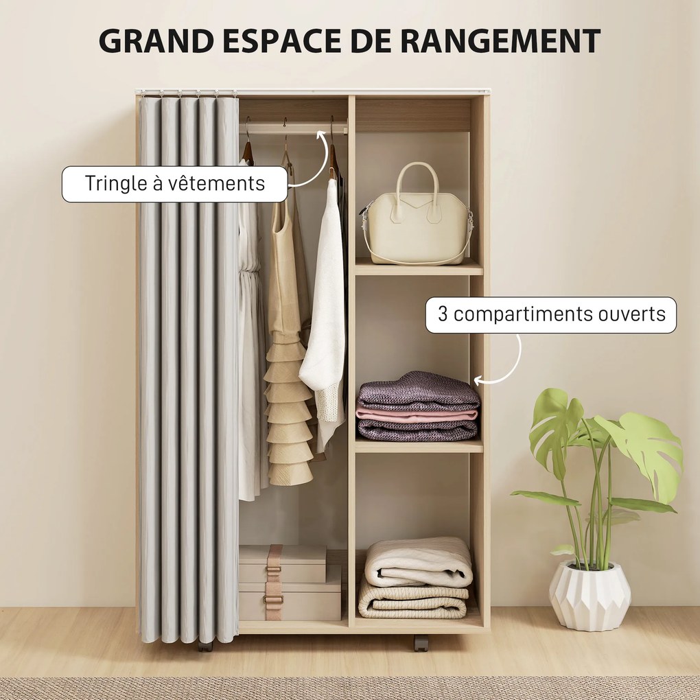 Armário guarda-roupa móvel com 4 rodas, varão para roupa e prateleiras, 80x40x128 cm, efeito de madeira natural