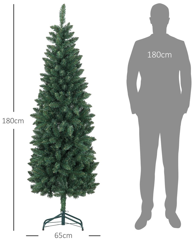 Árvore de Natal Tipo Lápis 180 cm com Base Dobrável e 479 Ramos para Escritório Verde