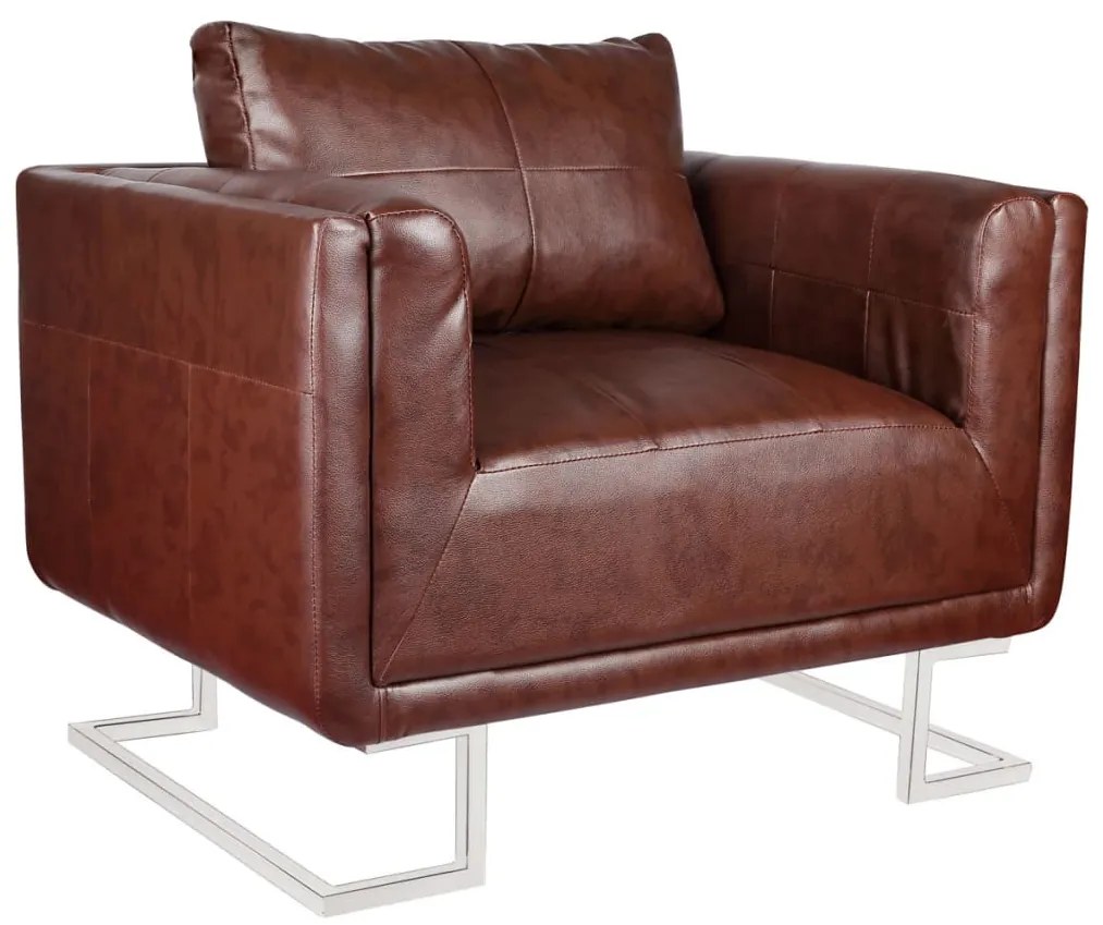 240896 vidaXL Poltrona cubo com pés cromados couro artificial castanho
