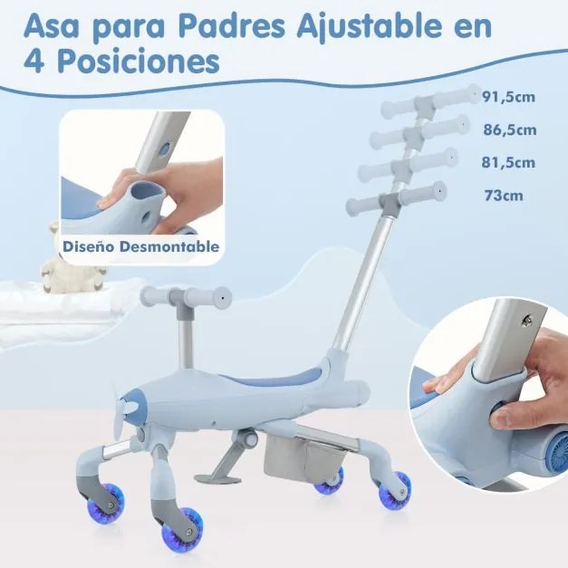 Carrinho de bebé 2 em 1 com tema de avião, rodas iluminadas por LED, pega amovível, apoio para os pés dobrável e ajustável para crianças dos 18 aos 70