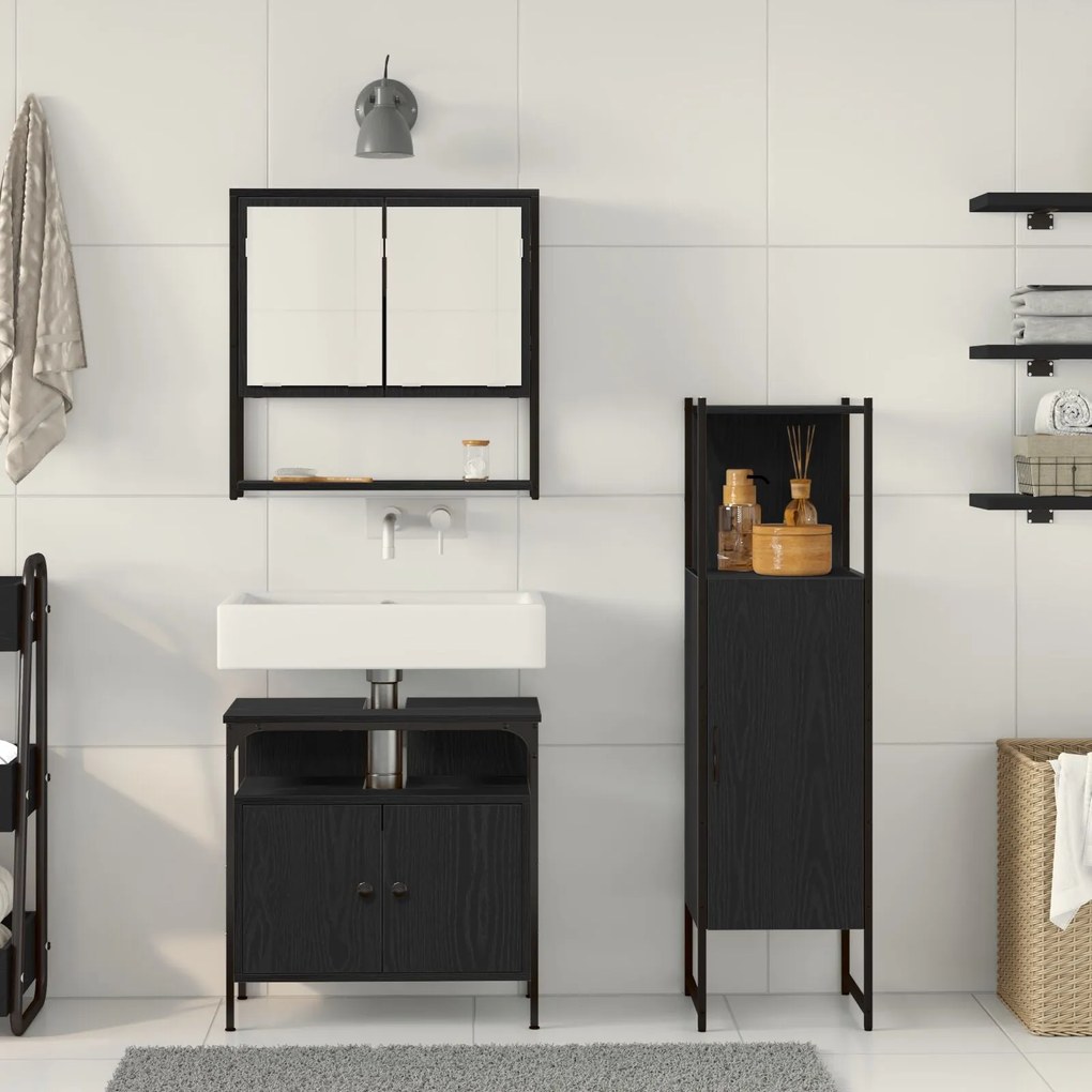 Conjunto de Móveis de Casa de Banho 3 Peças Carvalho Preto Madeira Eng