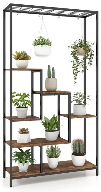 Suporte alto para plantas de 6 níveis, 71" de metal, prateleira para plantas internas com 10 ganchos para pendurar, preto