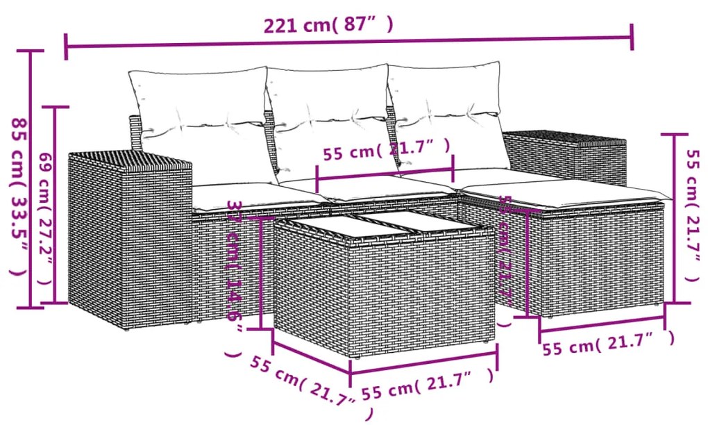 5 pcs conj. sofás jardim c/ almofadões vime PE cinzento-claro