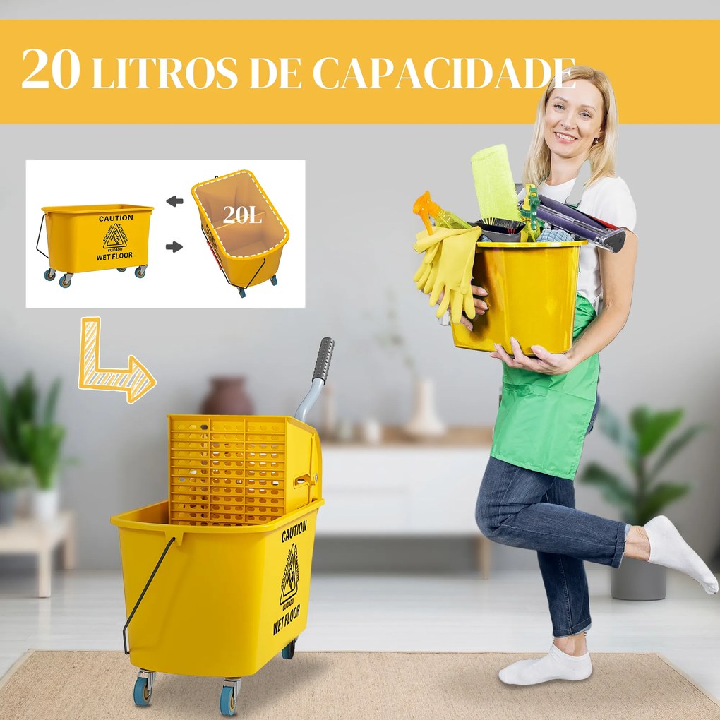 Balde de Limpeza com Esfregona e Rodas Capacidade de 20 L Sistema de Escurridor e Pega de Transporte 45x26,5x70 cm Amarelo