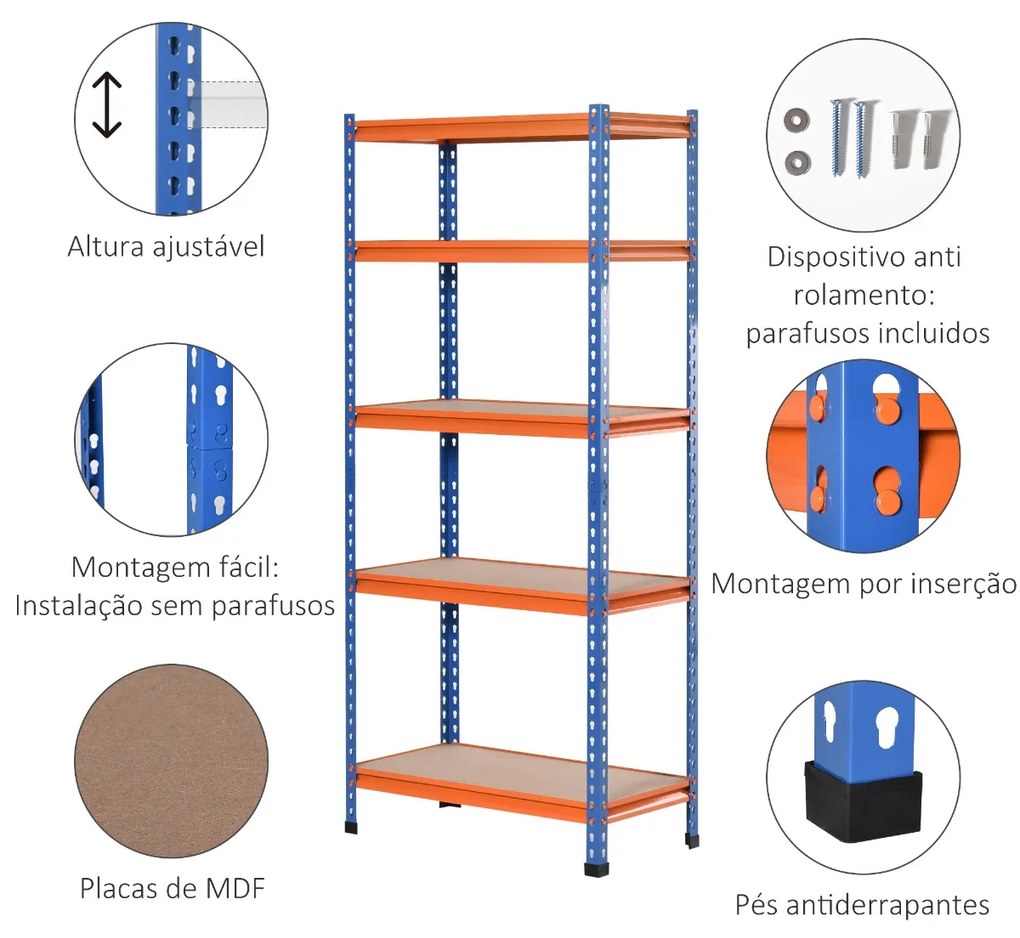 Estante Metálica de Armazenamento 80x40x182cm com 5 Prateleiras Altura Ajustável Carga Máxima por Prateleira 300kg para Armazenamento Garagem Oficina