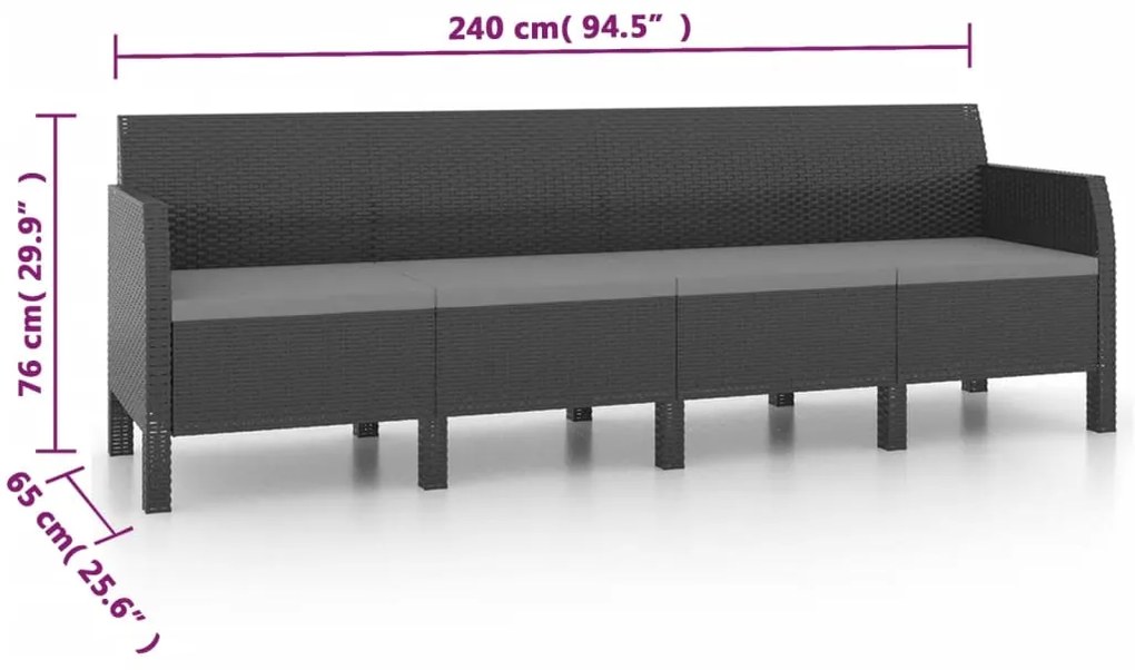 2 pcs conjunto lounge jardim com almofadões vime PP antracite