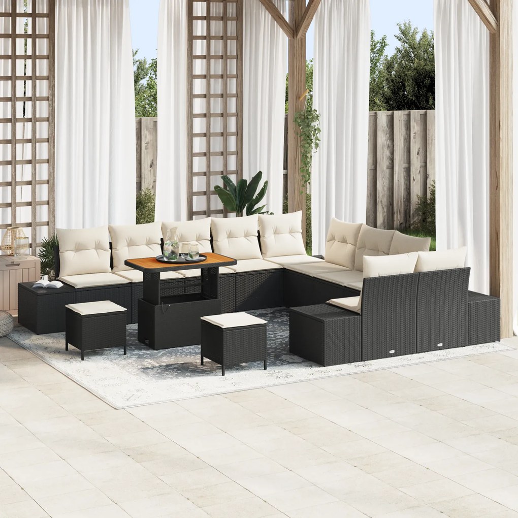 Conjunto de Sofás de Jardim de 13 Peças com Almofadas Preto Polirattan Acácia
