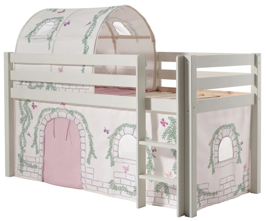 Conjunto Cama alta de Criança PINO 90 x 200 cm + estrado + escada + cortina + túnel Passaros Branca