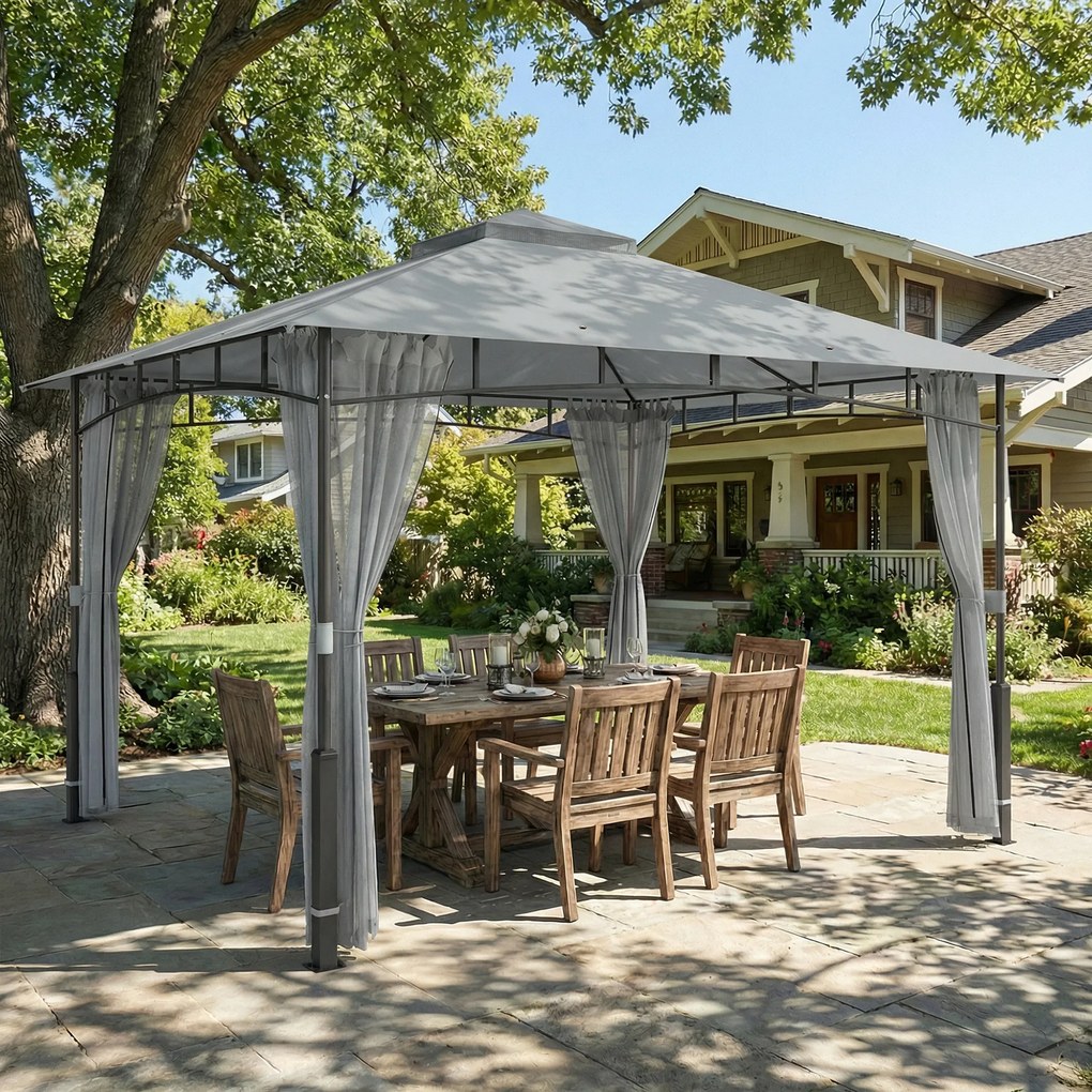 Carpa para Jardim com Telhado Duplo Gazebo com Paredes de Rede UPF50+ para Exterior Terraço 360x300x275 cm Cinzento