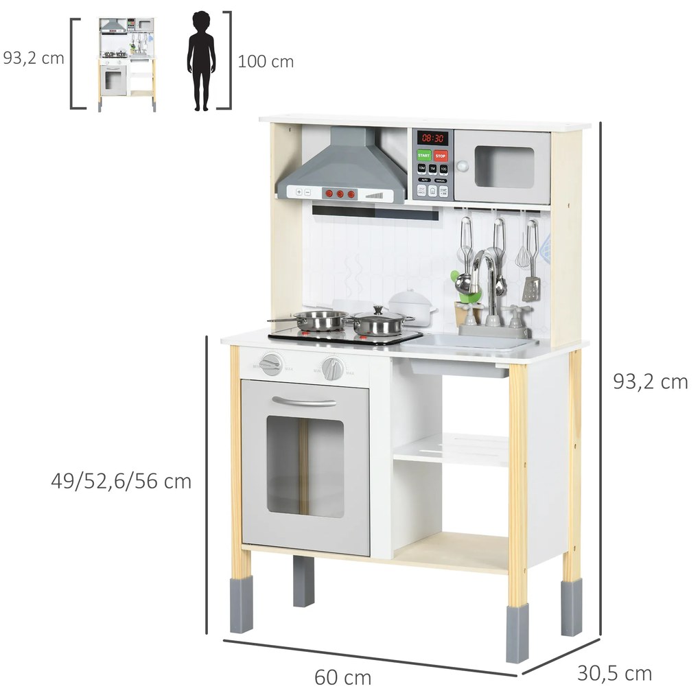 AIYAPLAY Cozinha Infantil de Madeira Cozinha para Crianças acima de 3 Anos com Altura Ajustável Luz Sons Lavatório Fogão Forno 60x30,5x93,2cm Branco e