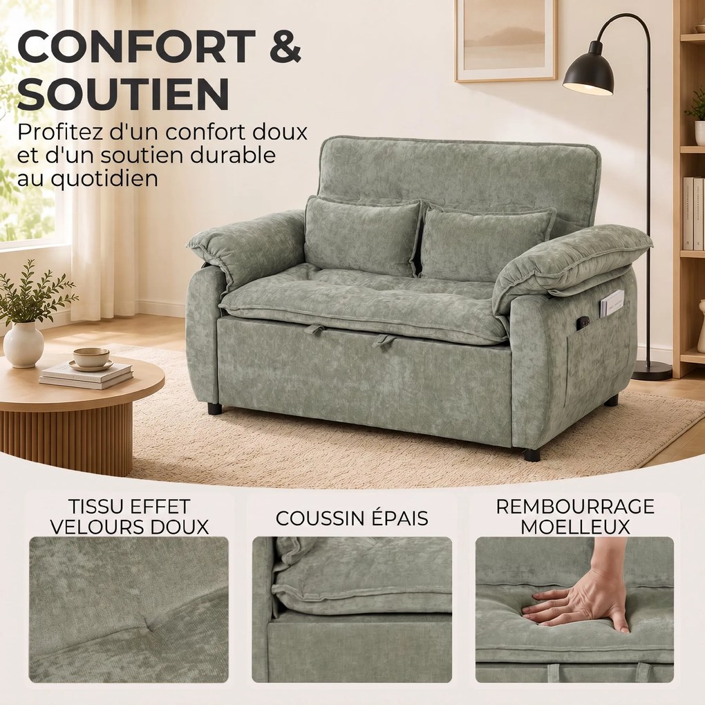 Sofá-cama de 2 Lugares, 137 x 91 x 96 cm, Encosto Regulável em 5 Posições, Verde
