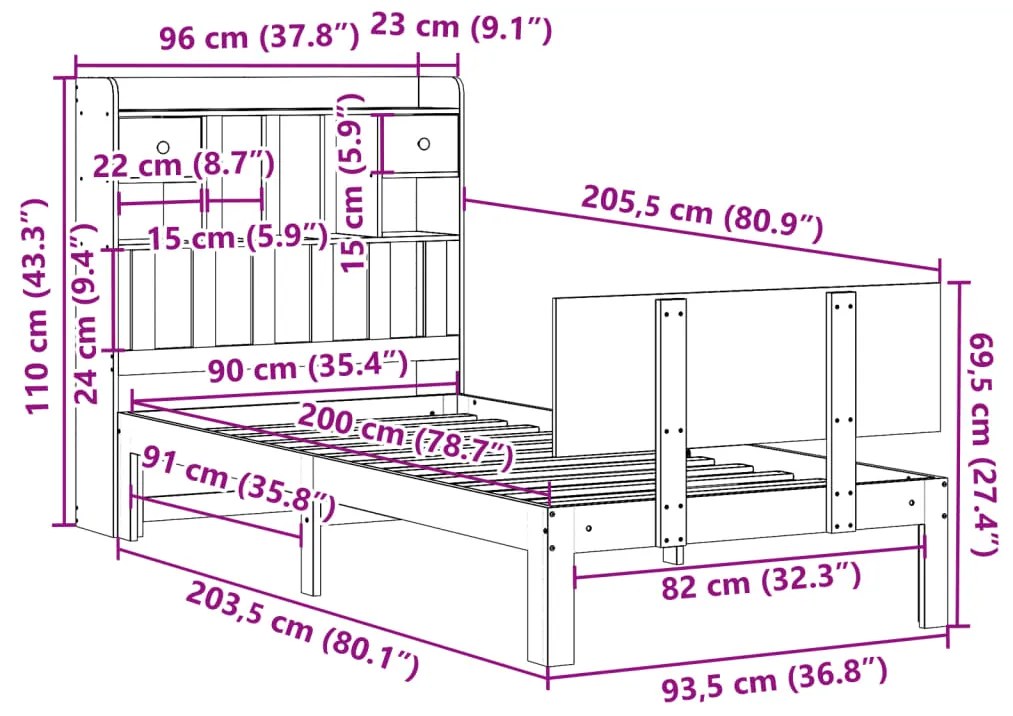 Cama com estante sem colchão 90x200 cm pinho maciço