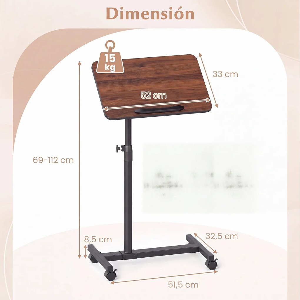 Mesa Auxiliar para Cama em Forma de C, 52 x 33 x 69-112 cm, Altura Ajustável, cor Nogueira