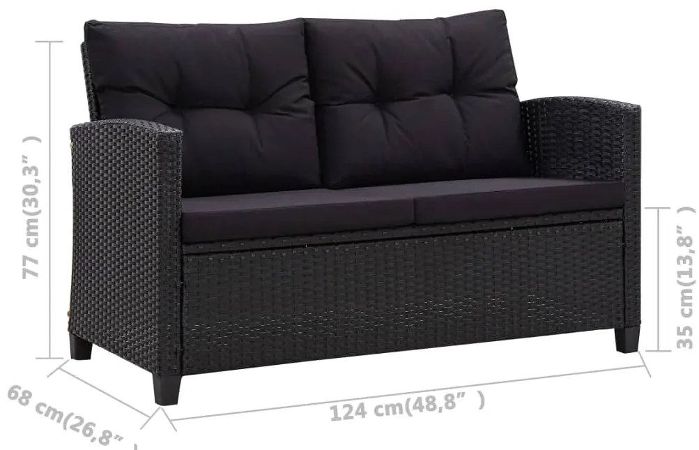 3 pcs conjunto de jantar p/ jardim c/ almofadões vime PE preto