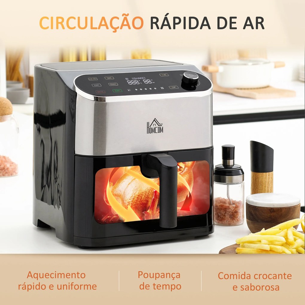Fritadeira sem Óleo 4 em 1 Fritadeira de Ar Quente 1350W com 3 Programas Ecrã LED Tátil Temperatura Ajustável Temporizador e Cesta Antiaderente 31x37,5x32cm Preto