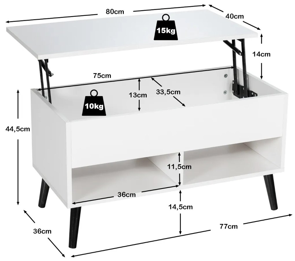 Mesa de centro 80 cm com tampo elevatório com compartimento oculto Mesa de chá para sala de estar Branco